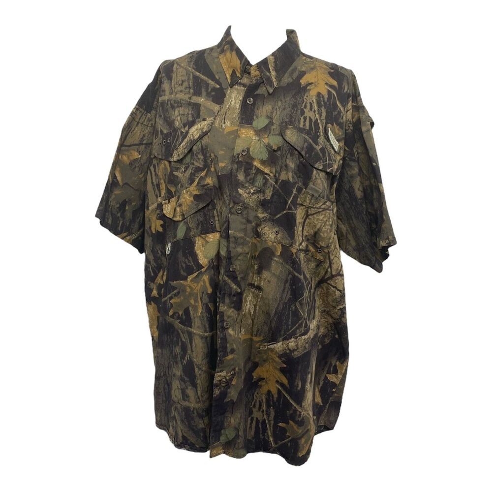 Columbia PFG Fishing Shirt Mens XL Green Camo Vented Button Up Short Sleeve